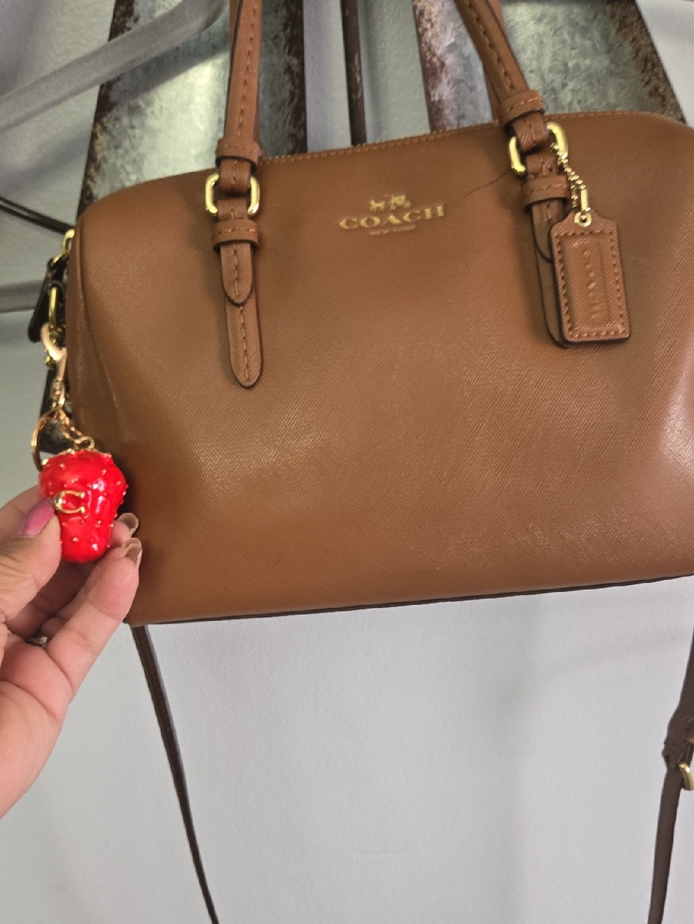 Coach Tan Leather Mini Satchel with Red Charm